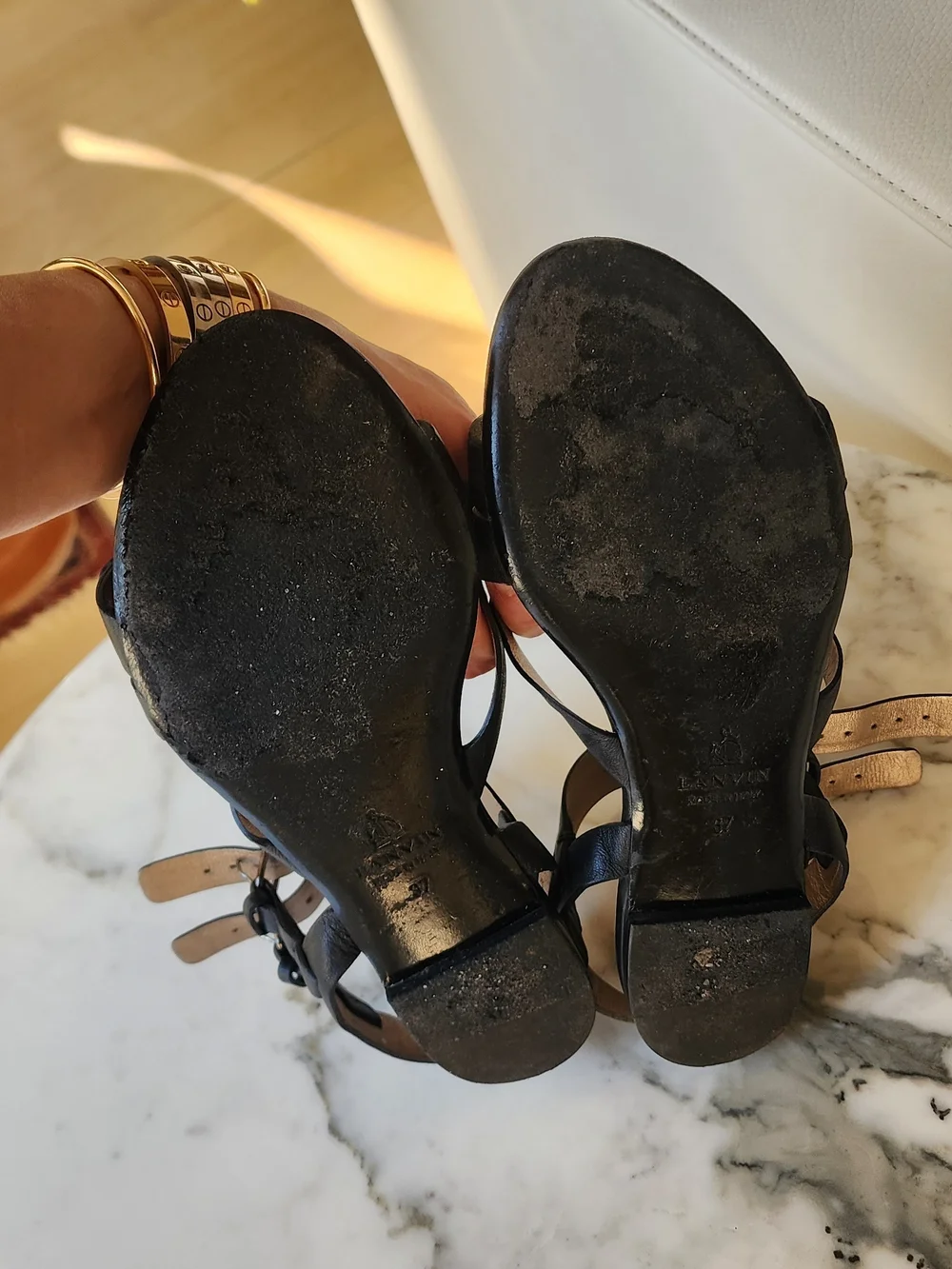 Lanvin Black Leather Studded Strappy Sandals with Ankle Buckles Size 37